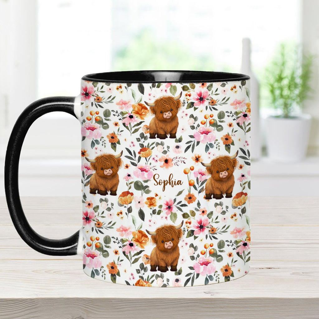 Floral Highland Cow - Personalized Highland Cow Accent Mug