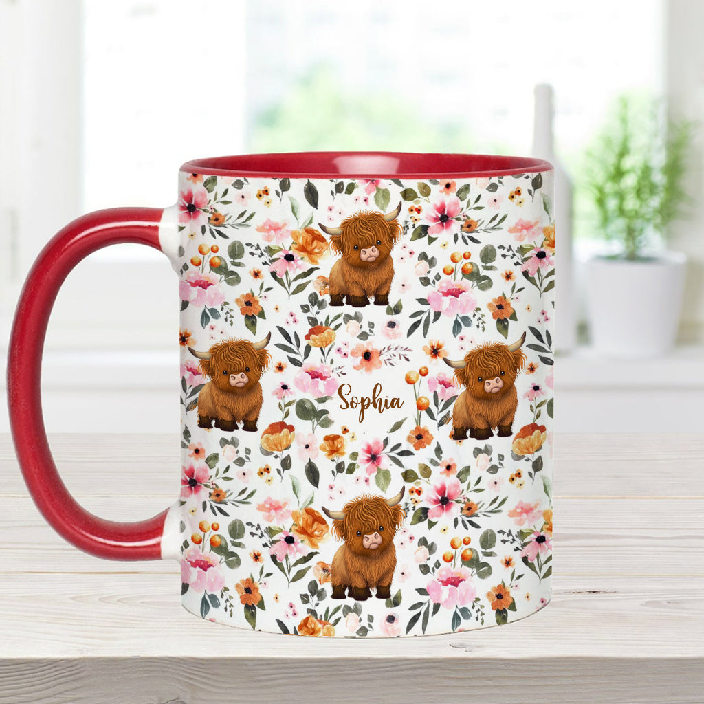 Floral Highland Cow - Personalized Highland Cow Accent Mug