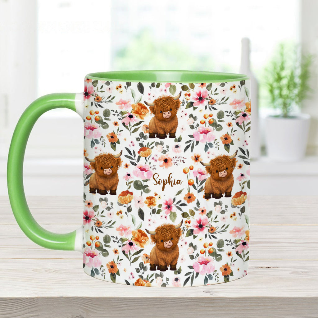 Floral Highland Cow - Personalized Highland Cow Accent Mug