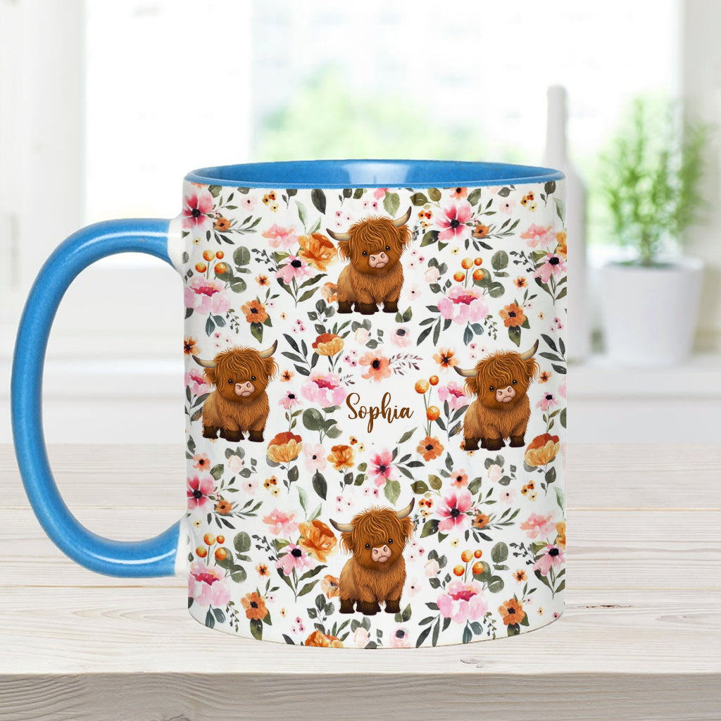 Floral Highland Cow - Personalized Highland Cow Accent Mug