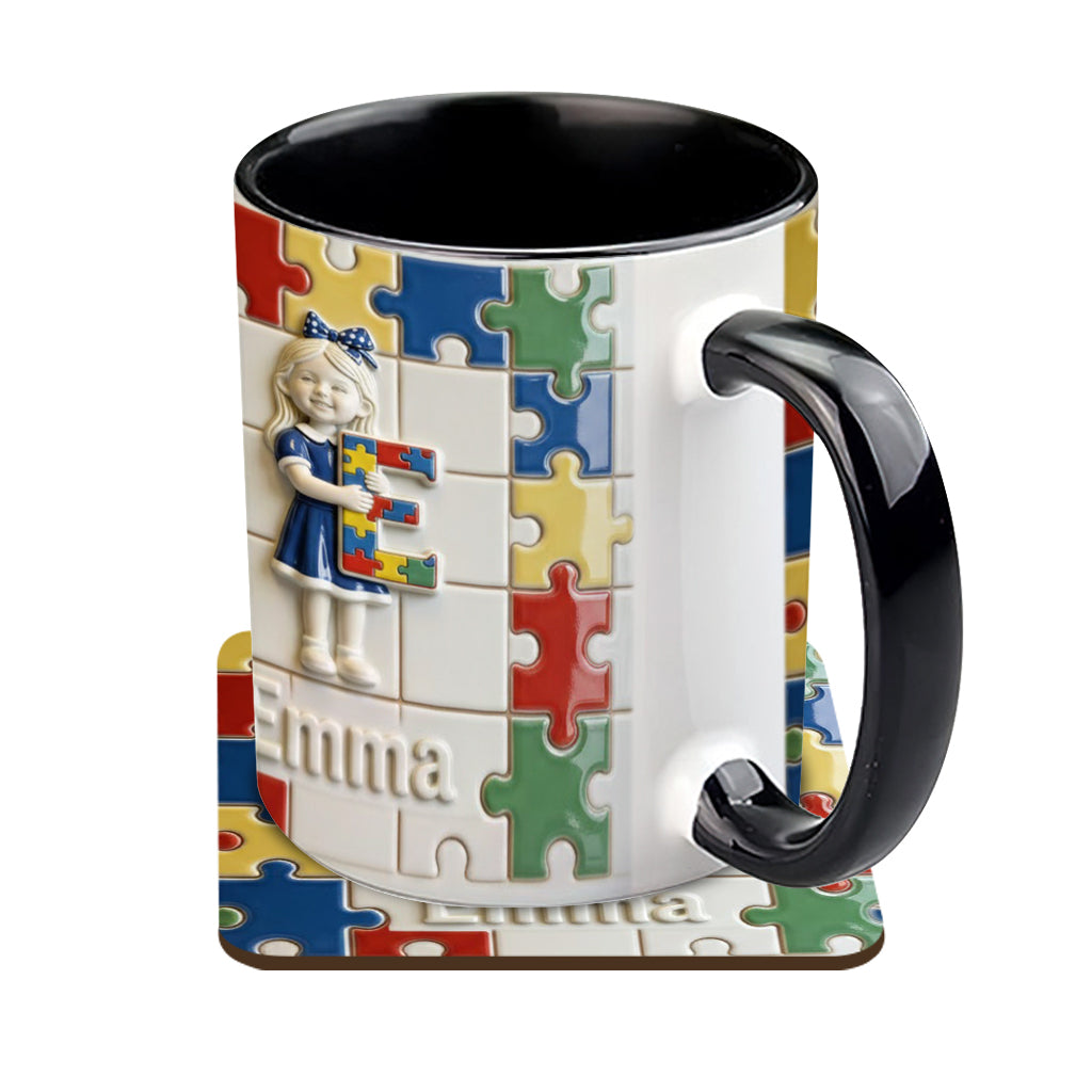 Brief zum Thema Autismus – Personalisierte Tasse und Untersetzer mit Autismus-Motiv