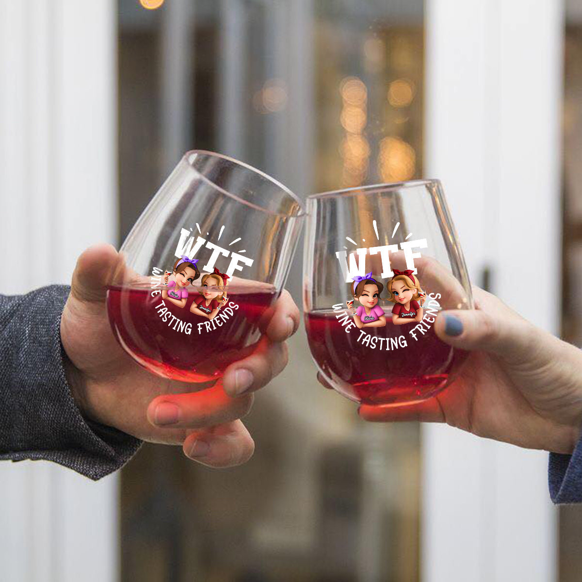 WTF Wine Tasting Friends - Personalized Bestie All Over Wine Glass