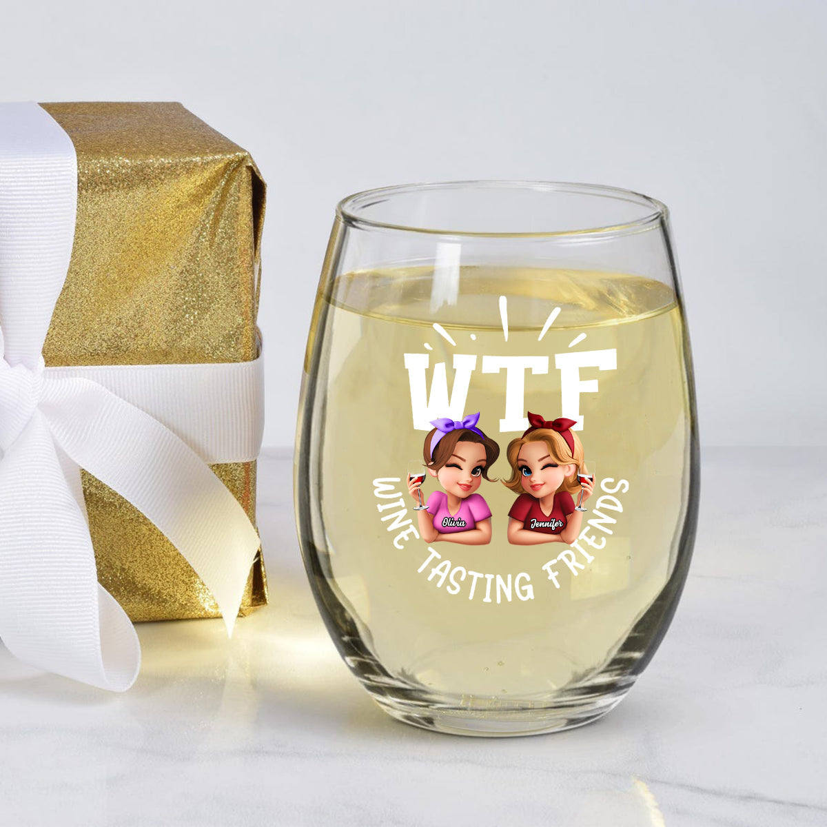 WTF Wine Tasting Friends - Personalized Bestie All Over Wine Glass