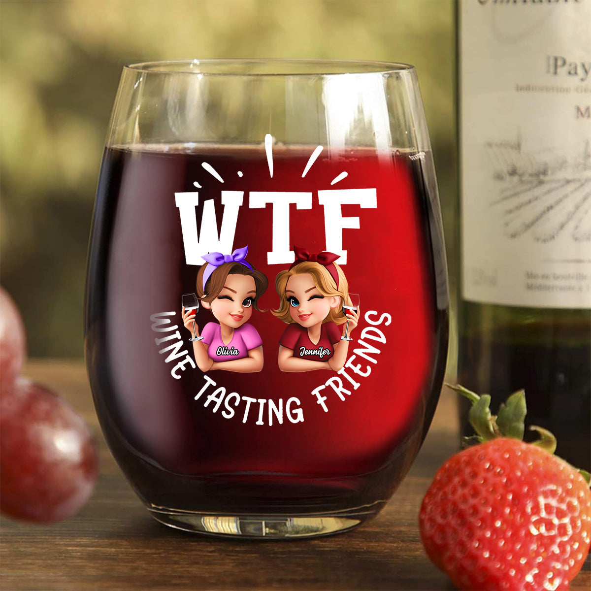 WTF Wine Tasting Friends - Personalized Bestie All Over Wine Glass