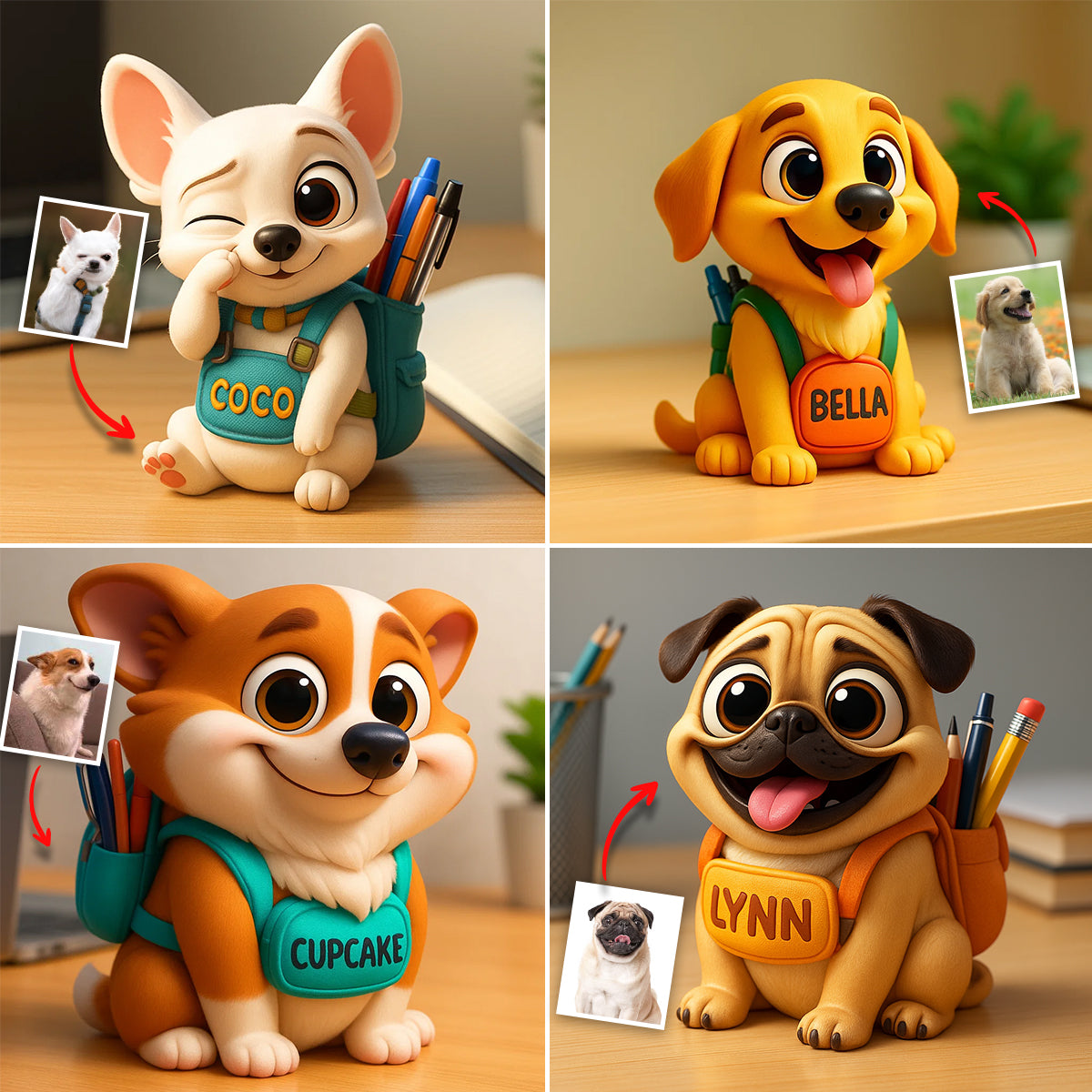 Cute Dog/ Cat Pen Holder for Desk - Personalized Dog Wooden Desk Organizer