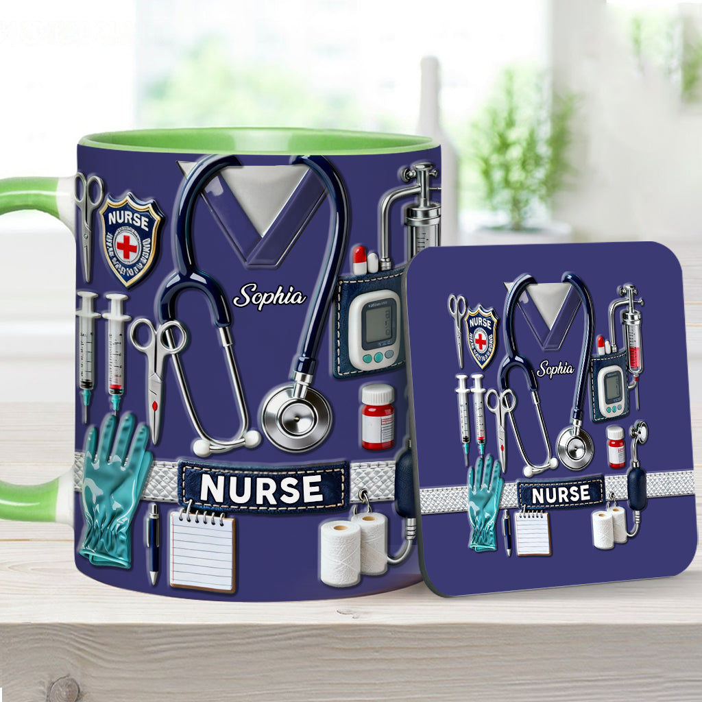 Nursing Is A Work Of Heart - Personalized Nurse Accent Mug & Coaster