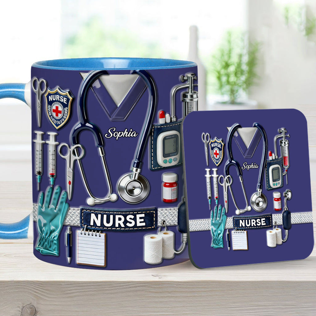 Nursing Is A Work Of Heart - Personalized Nurse Accent Mug & Coaster
