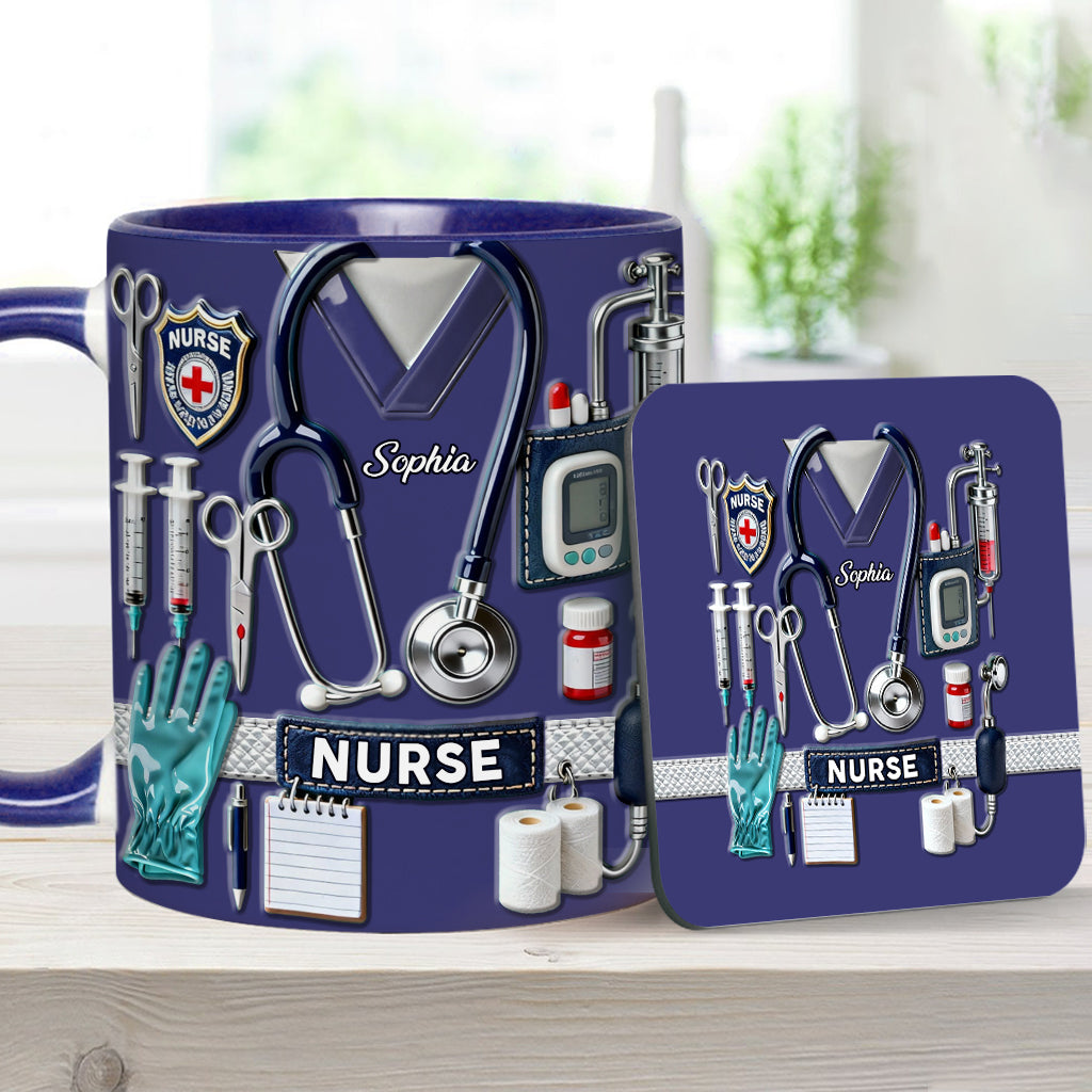 Nursing Is A Work Of Heart - Personalized Nurse Accent Mug & Coaster