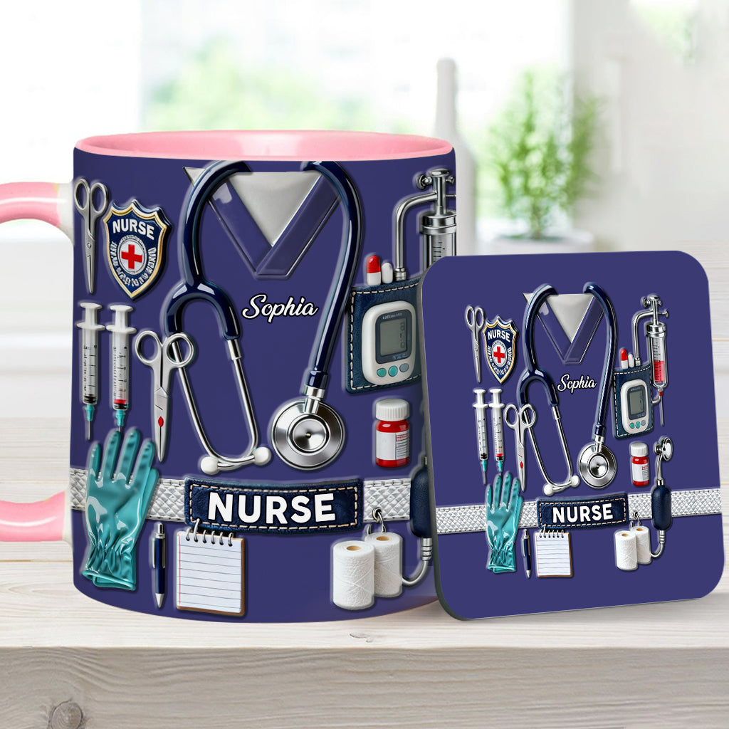 Nursing Is A Work Of Heart - Personalized Nurse Accent Mug & Coaster