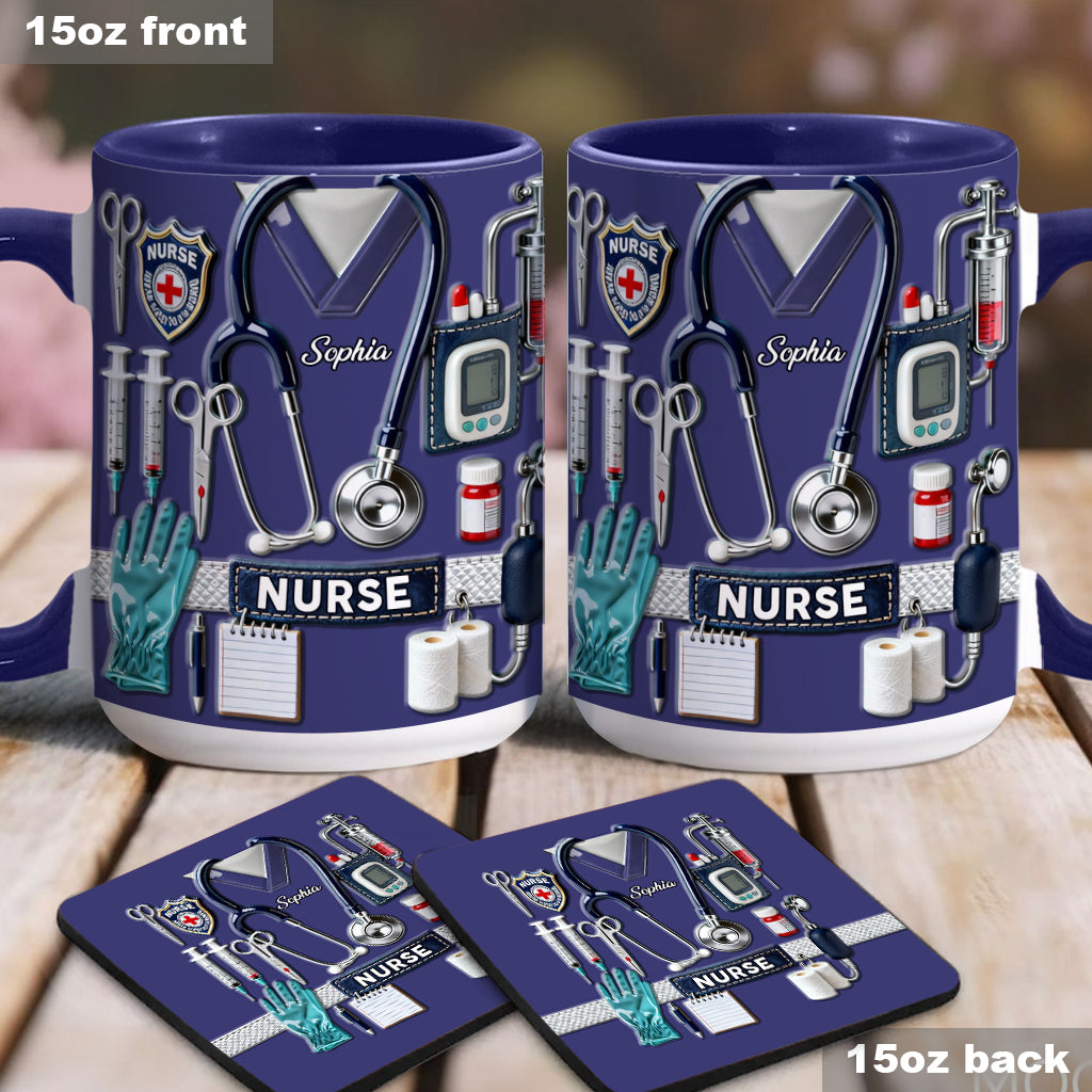 Nursing Is A Work Of Heart - Personalized Nurse Accent Mug & Coaster