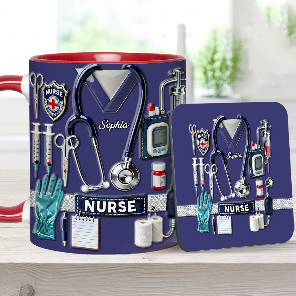Nursing Is A Work Of Heart - Personalized Nurse Accent Mug & Coaster