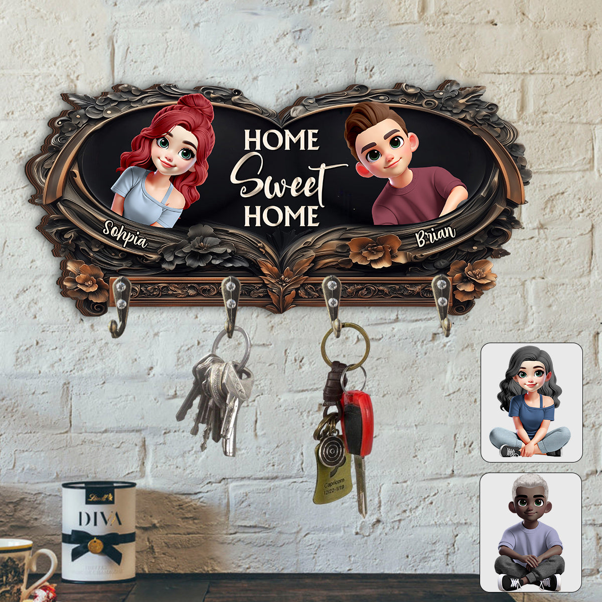 Home Sweet Home - Personalized Couple Custom Shaped Key Rack