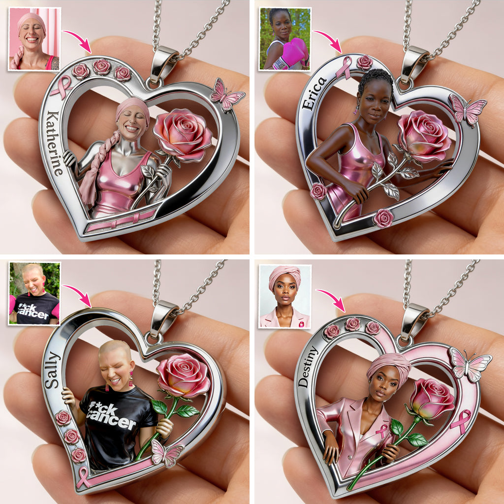 Any Photo Pink Ribbon Survivor - Personalized Breast Cancer Awareness Shaped Metal Pendant Necklace