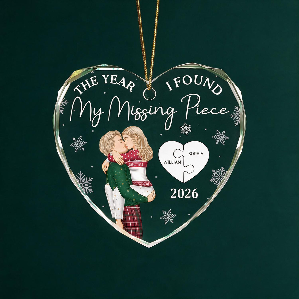 Personalized Christmas Couple Heart Shaped Glass Ornament - Found My Missing Piece Keepsake Gift