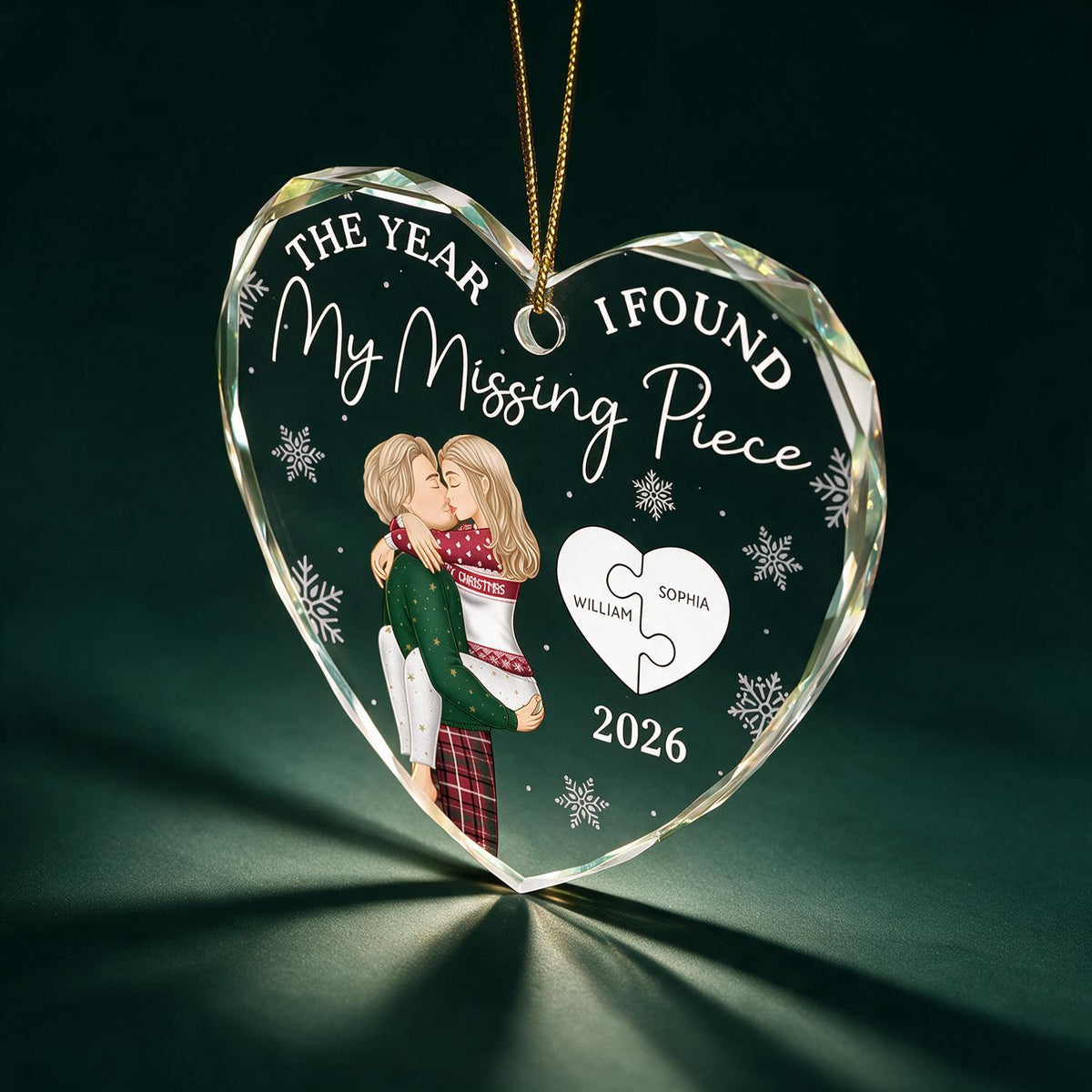 Personalized Christmas Couple Heart Shaped Glass Ornament - Found My Missing Piece Keepsake Gift