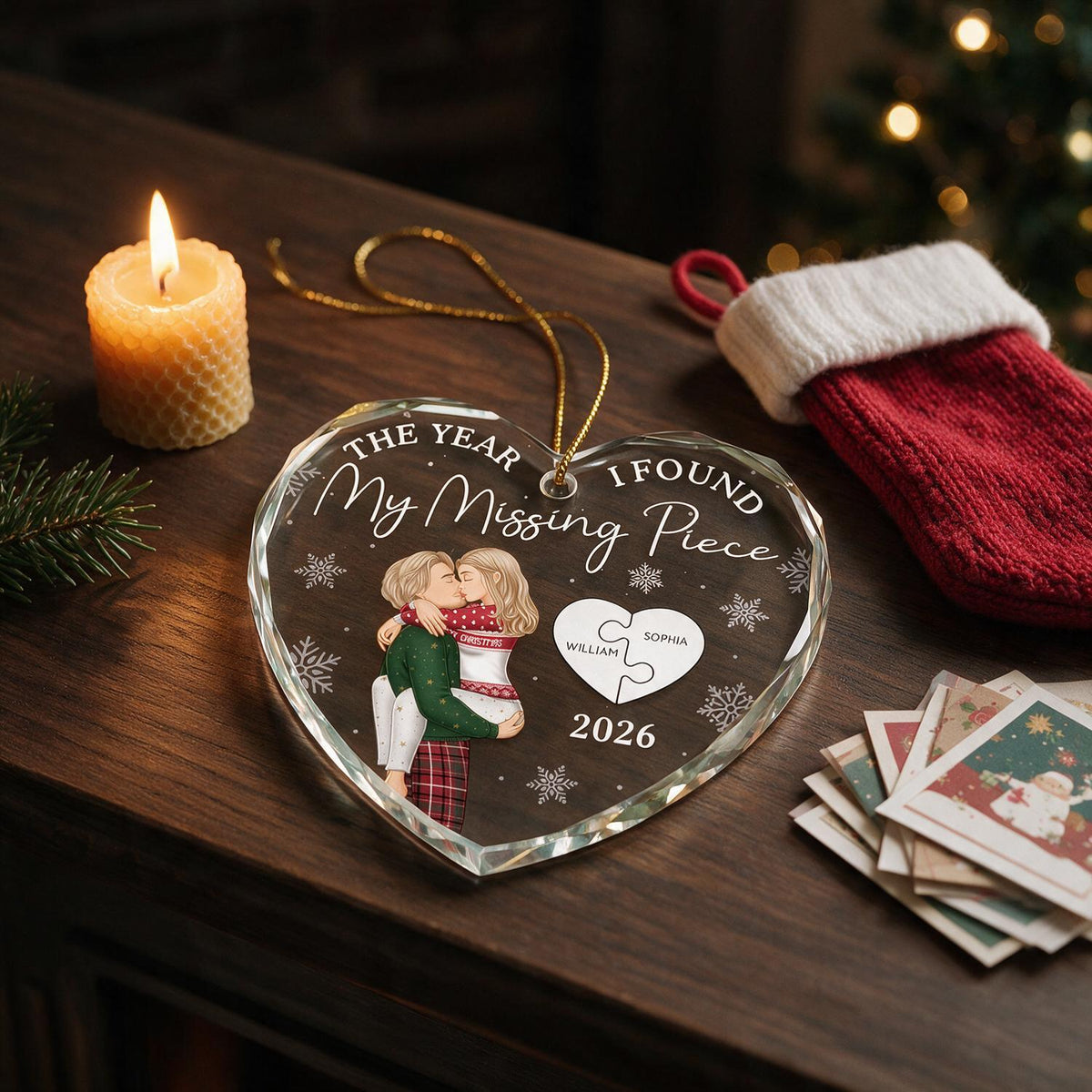 Personalized Christmas Couple Heart Shaped Glass Ornament - Found My Missing Piece Keepsake Gift