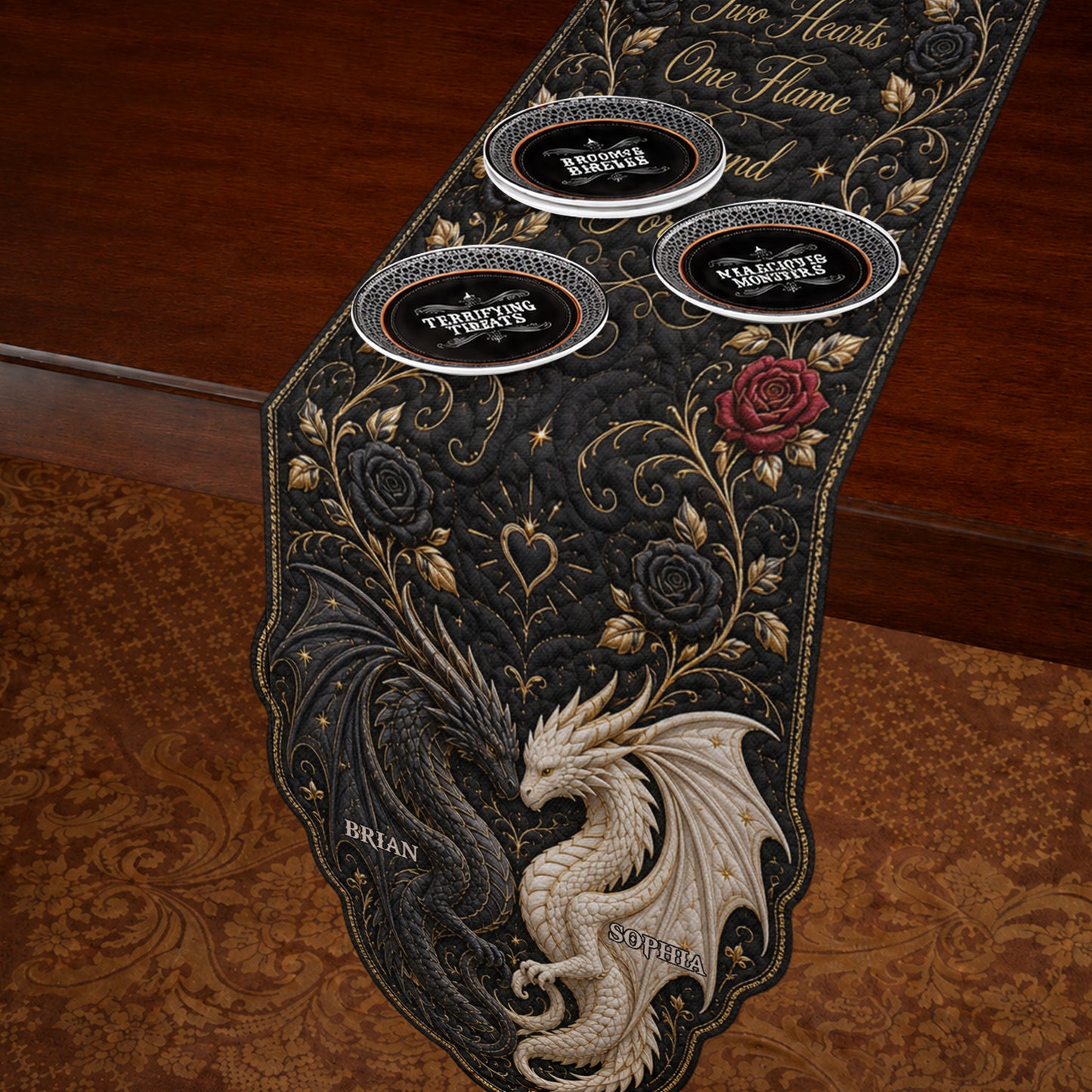 Two Hearts One Flame Bound Forever - Personalized Dragon Table Runner Custom Shape