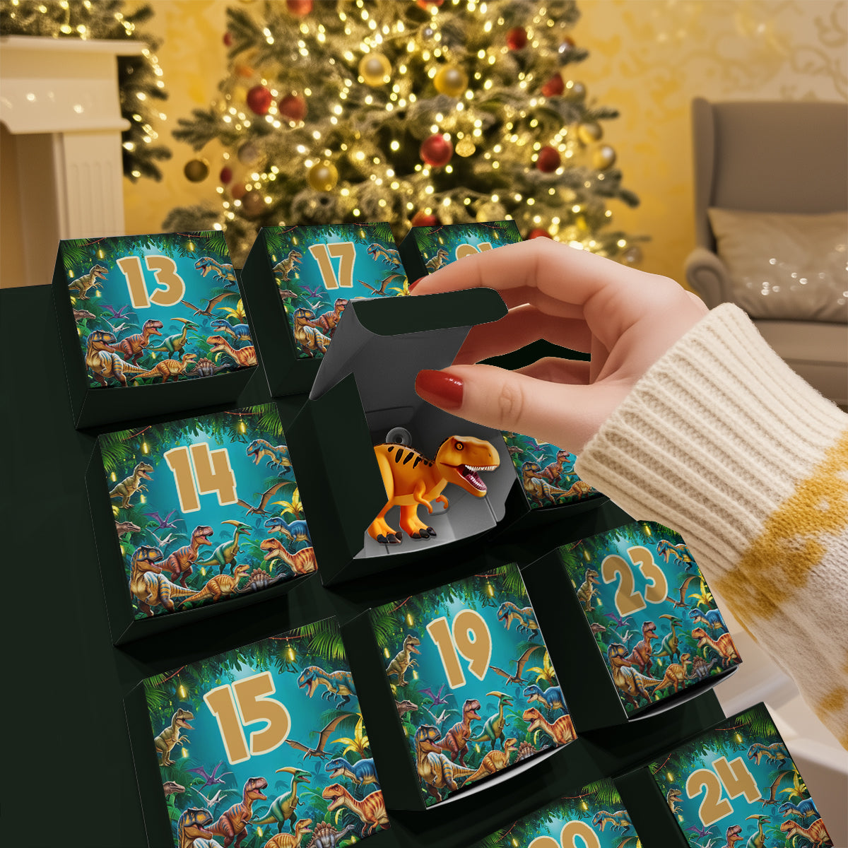 Dinasaur Advent Calender - Personalized Kid Folded Advent Calendar With Ornaments