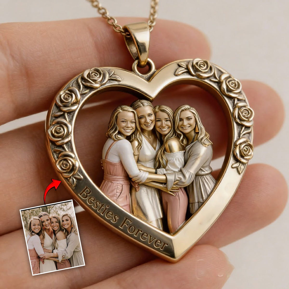 Custom From Any Photo - Personalized Bestie Shaped Metal Pendant Necklace