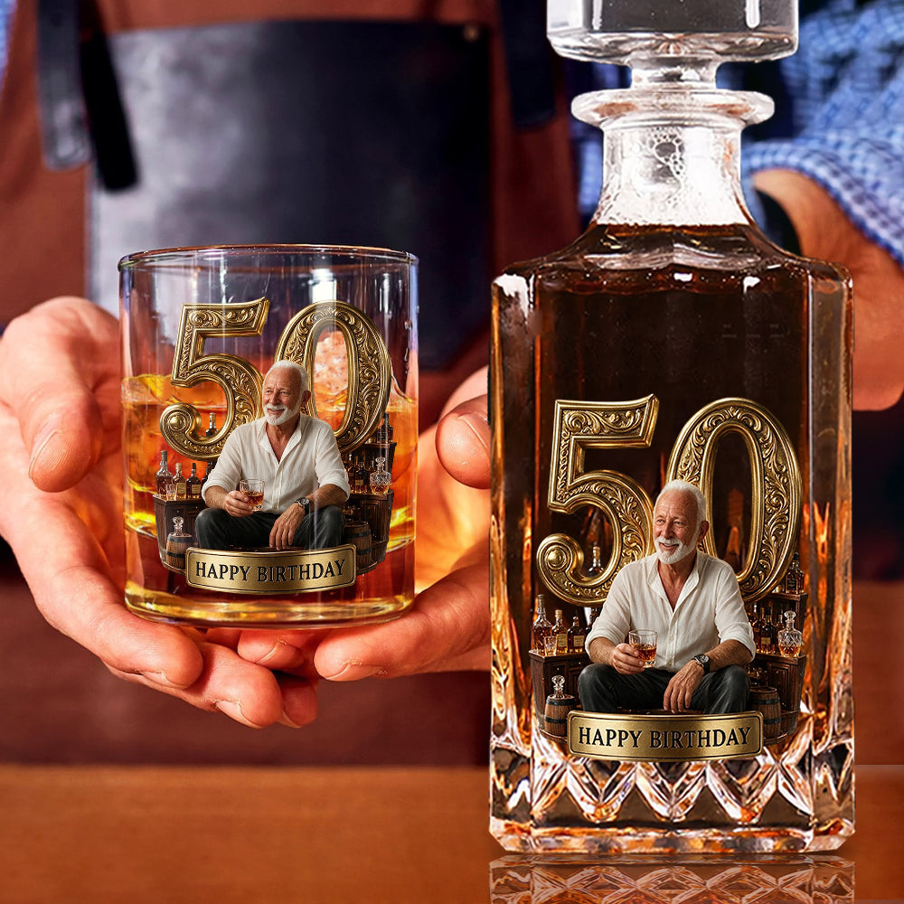 Birthday Gift For Him Dad.... Custom From Any Photo - Personalized Birthday Whiskey Decanter Set