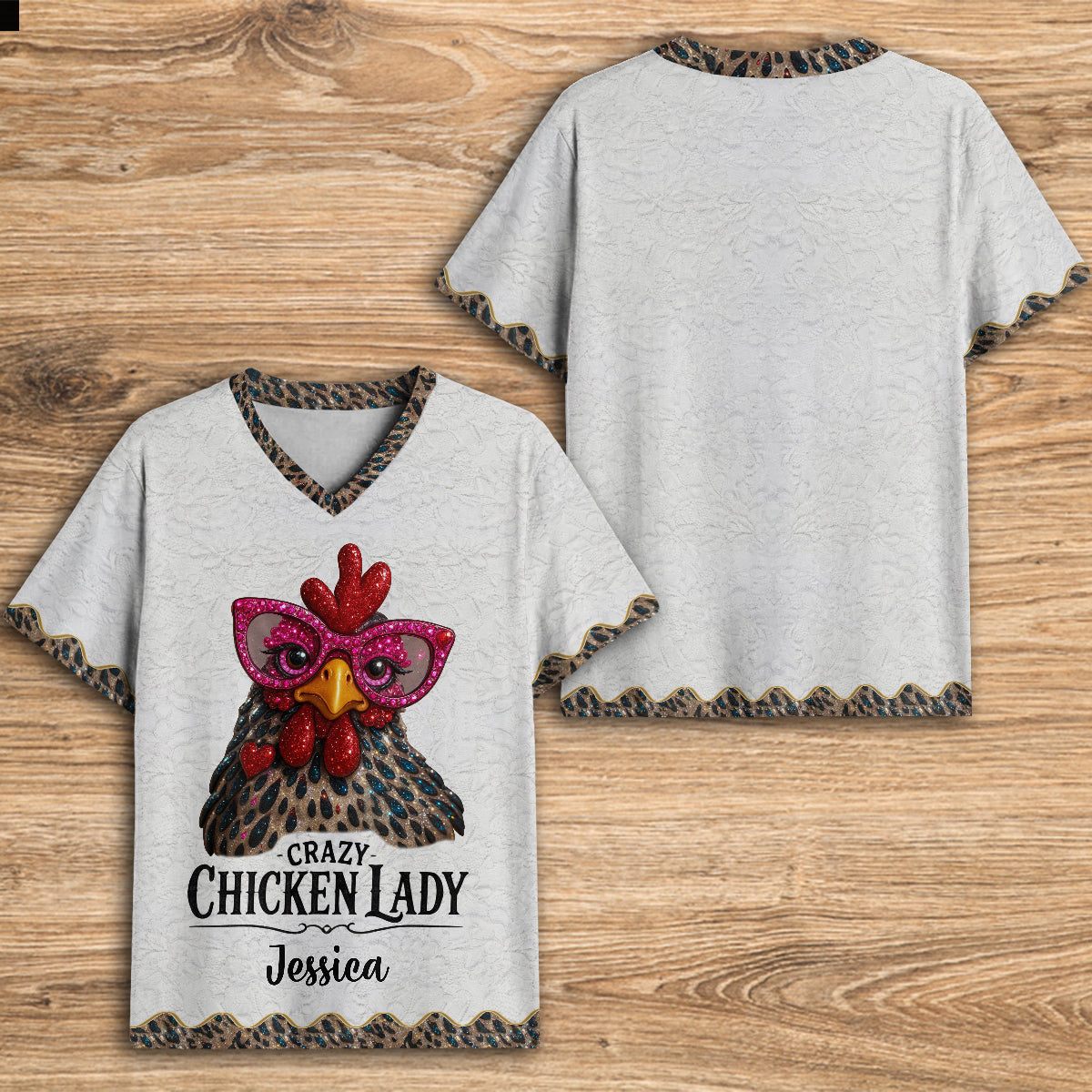 Crazy Chicken Lady - T-shirt à col en V personnalisé avec imprimé poulet intégral