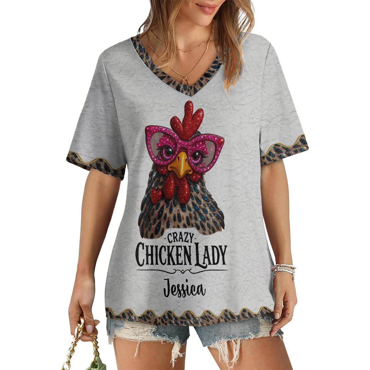 Crazy Chicken Lady - T-shirt à col en V personnalisé avec imprimé poulet intégral