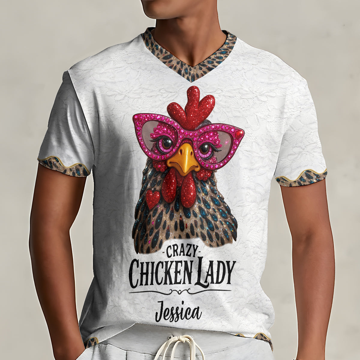 Crazy Chicken Lady - T-shirt à col en V personnalisé avec imprimé poulet intégral