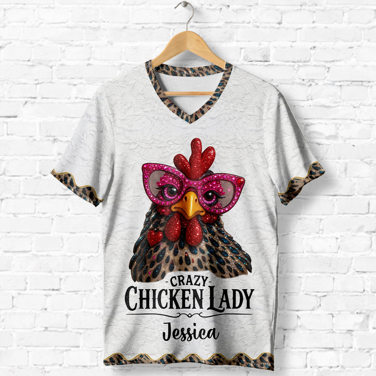 Crazy Chicken Lady - T-shirt à col en V personnalisé avec imprimé poulet intégral