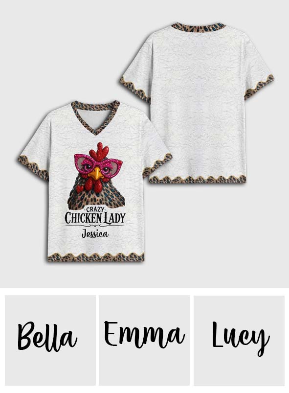Crazy Chicken Lady - T-shirt à col en V personnalisé avec imprimé poulet intégral