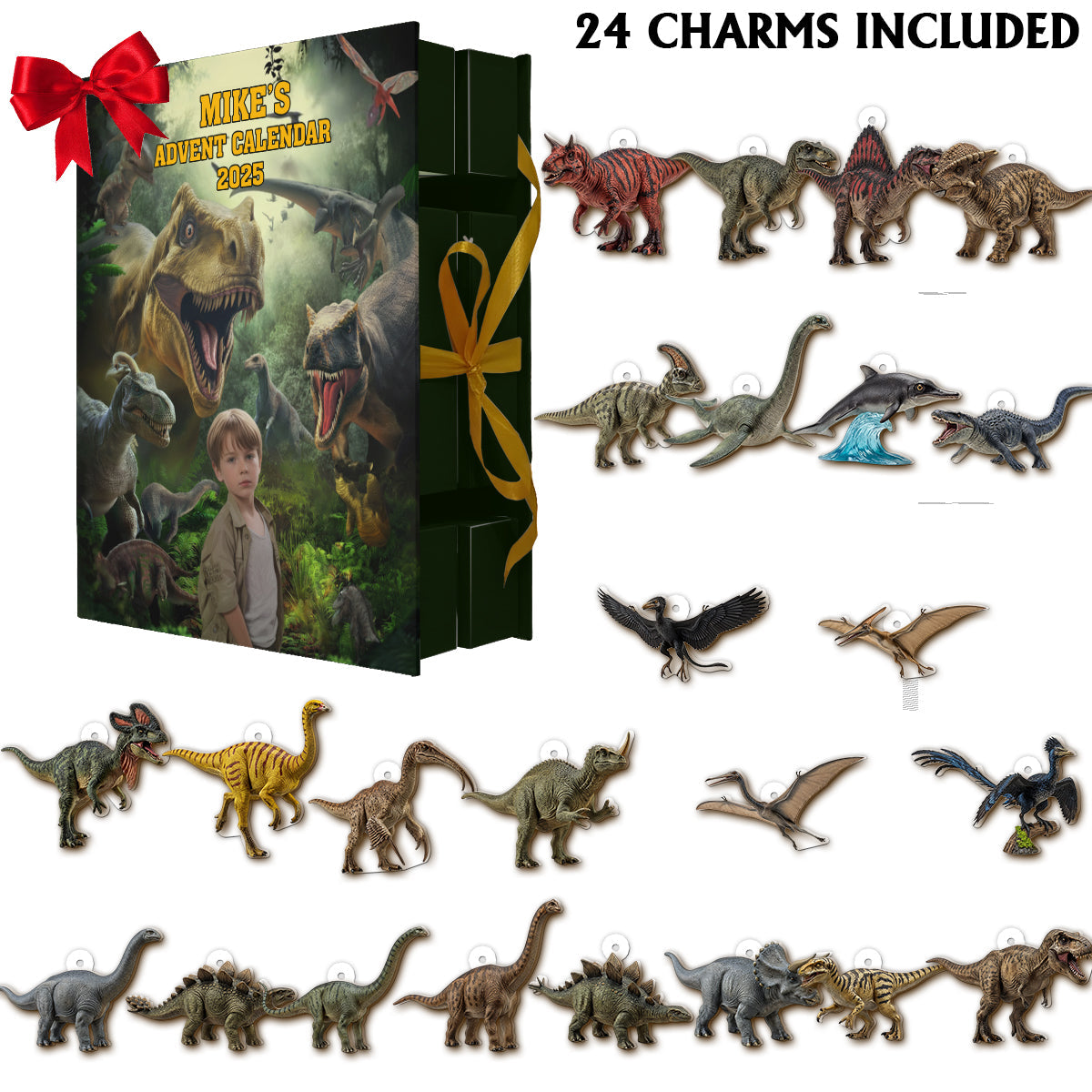 24 Dinosaurs Species Gift For Boys - Personalized Kid Folded Advent Calendar With Ornaments