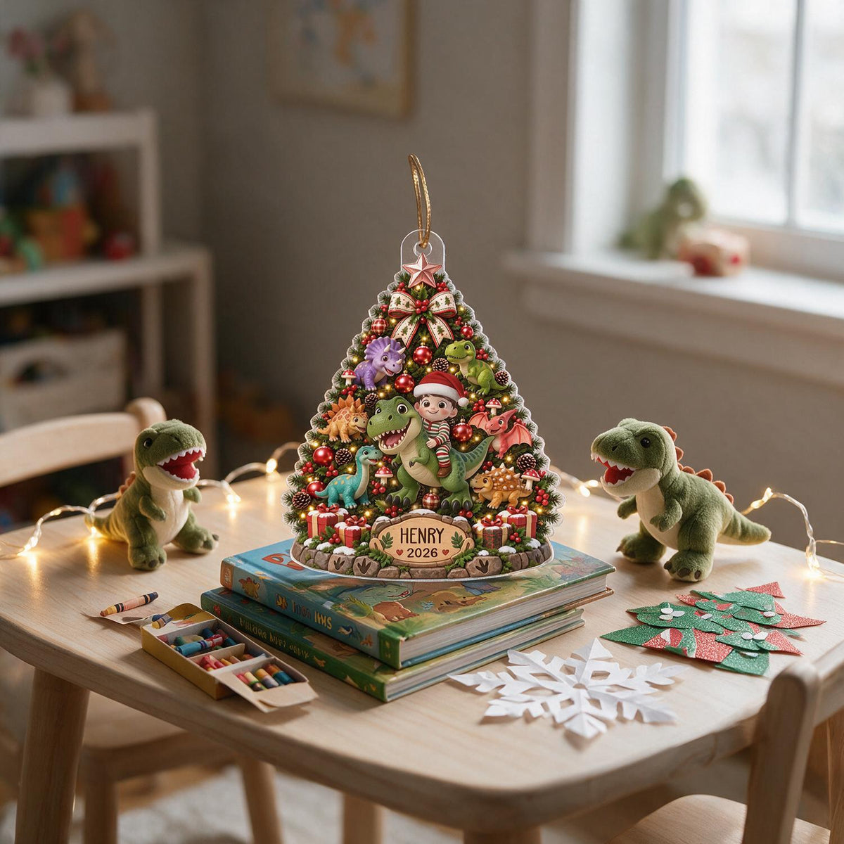 Personalized Christmas Kid & Dinosaur Christmas Tree Acrylic Ornament, Dinosaur Lover Gift