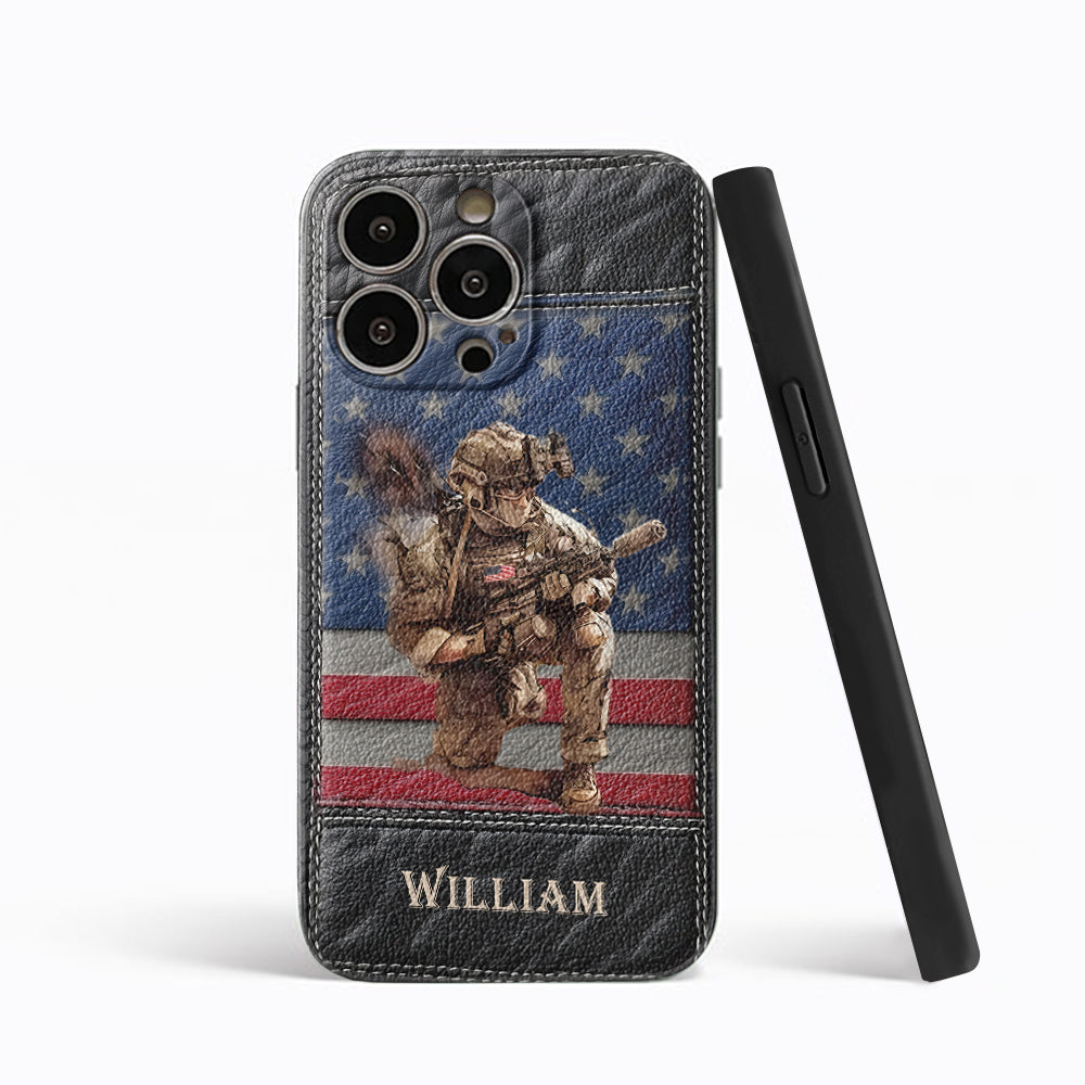 Étui de téléphone en cuir personnalisé pour vétéran - Art militaire