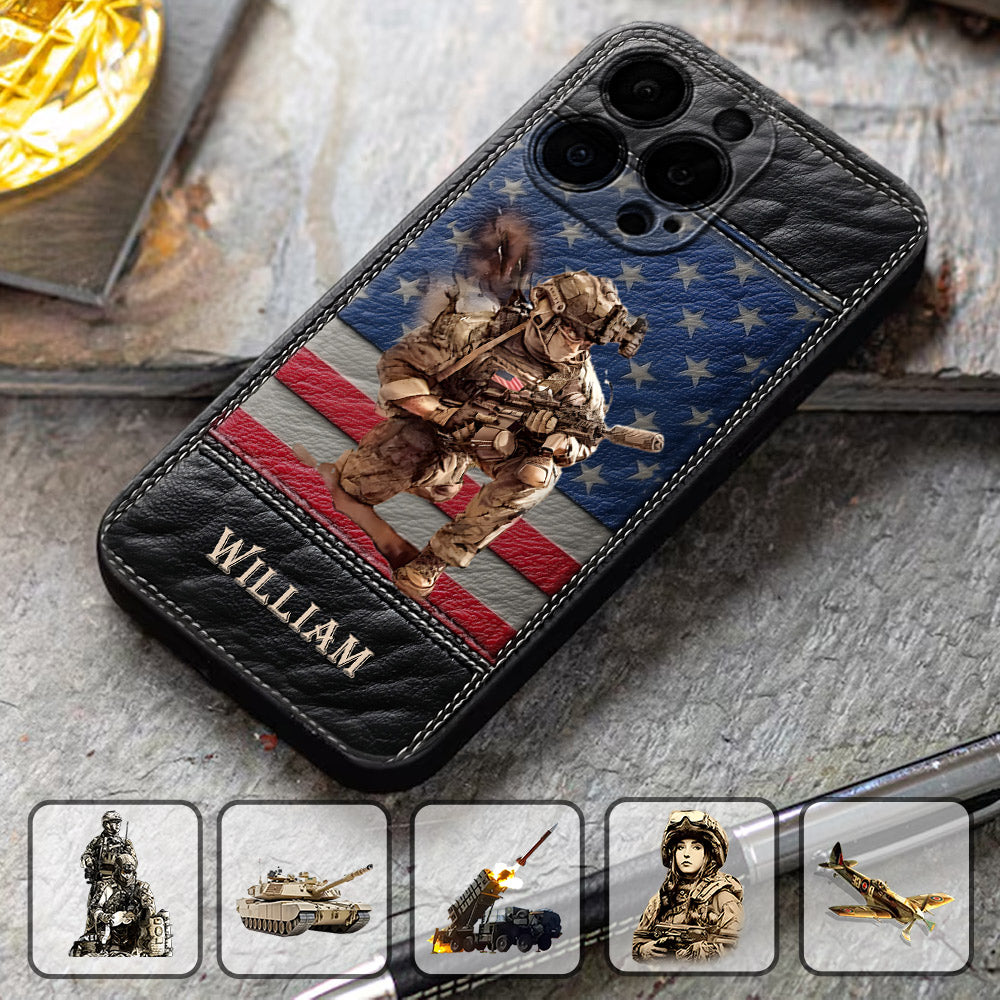 Étui de téléphone en cuir personnalisé pour vétéran - Art militaire