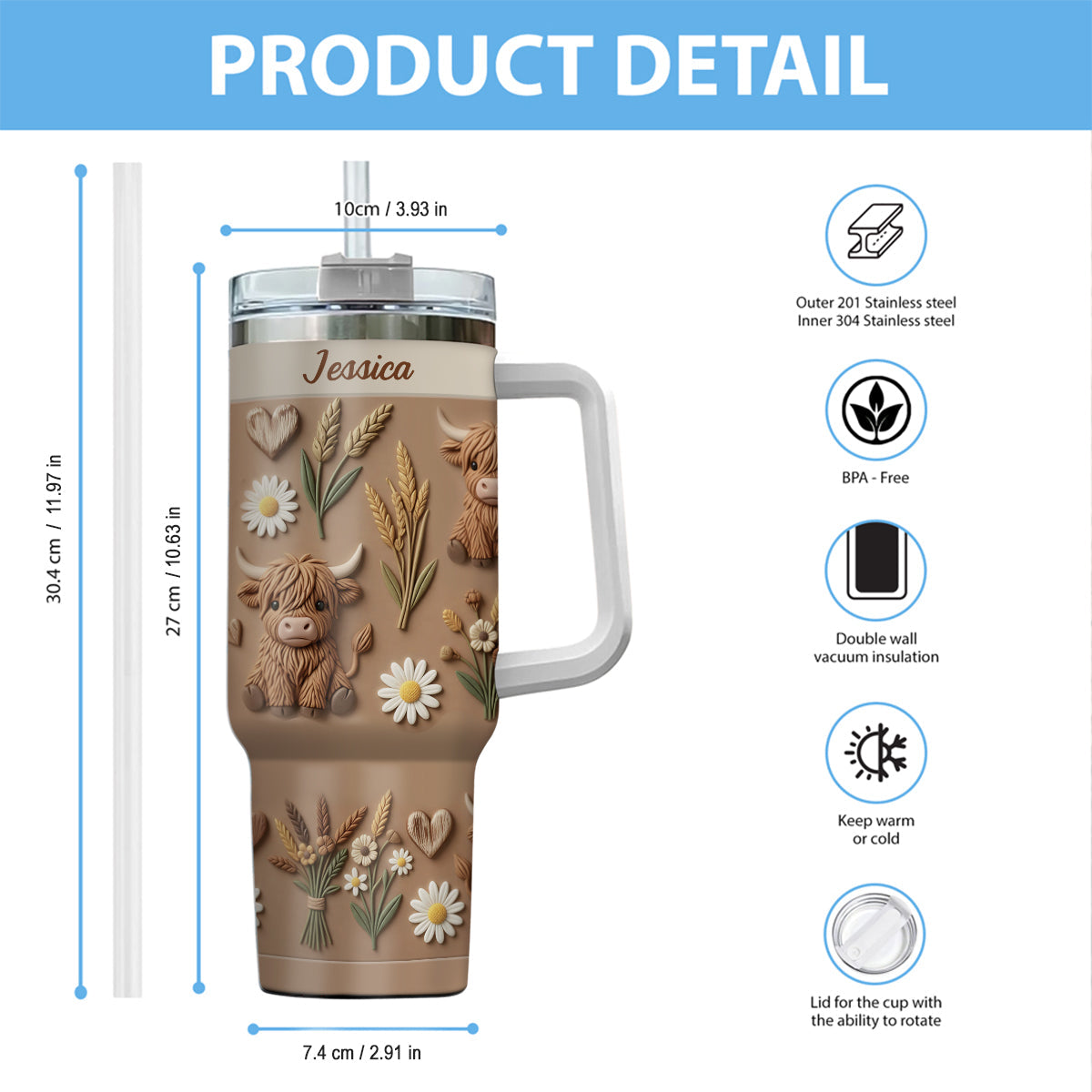 Love Highland Cow - Personalized Highland Cow Tumbler With Handle