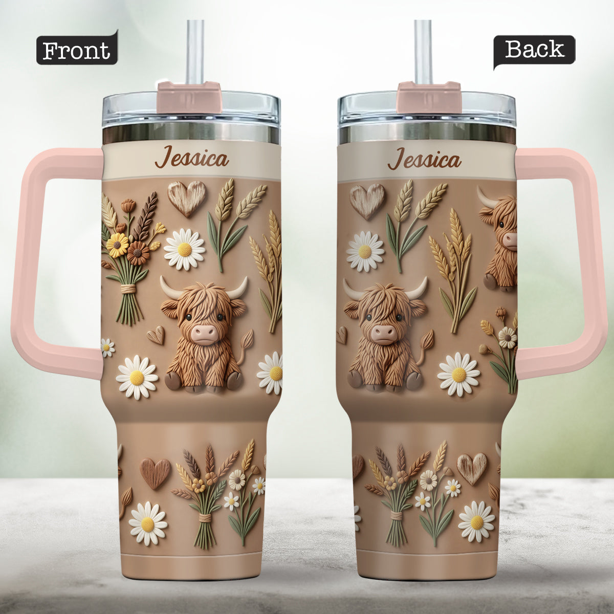 Love Highland Cow - Personalized Highland Cow Tumbler With Handle