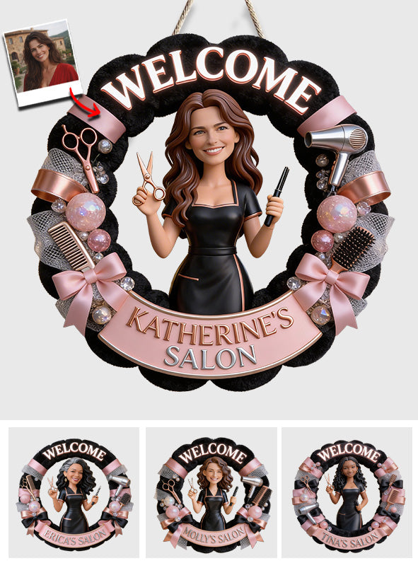 Panneau de bienvenue personnalisé pour salon de coiffure avec photo - Panneau en bois sur mesure pour coiffeur