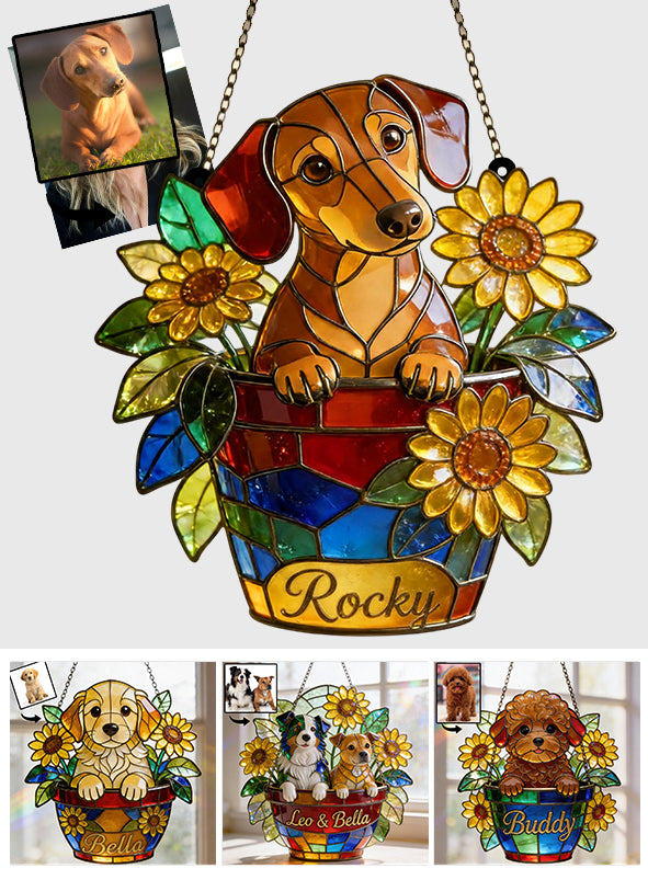 Adorable animal de compagnie et fleurs - Décoration attrape-soleil personnalisée pour fenêtre en forme de chien 