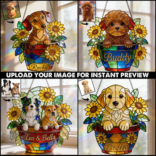 Adorable animal de compagnie et fleurs - Décoration attrape-soleil personnalisée pour fenêtre en forme de chien 