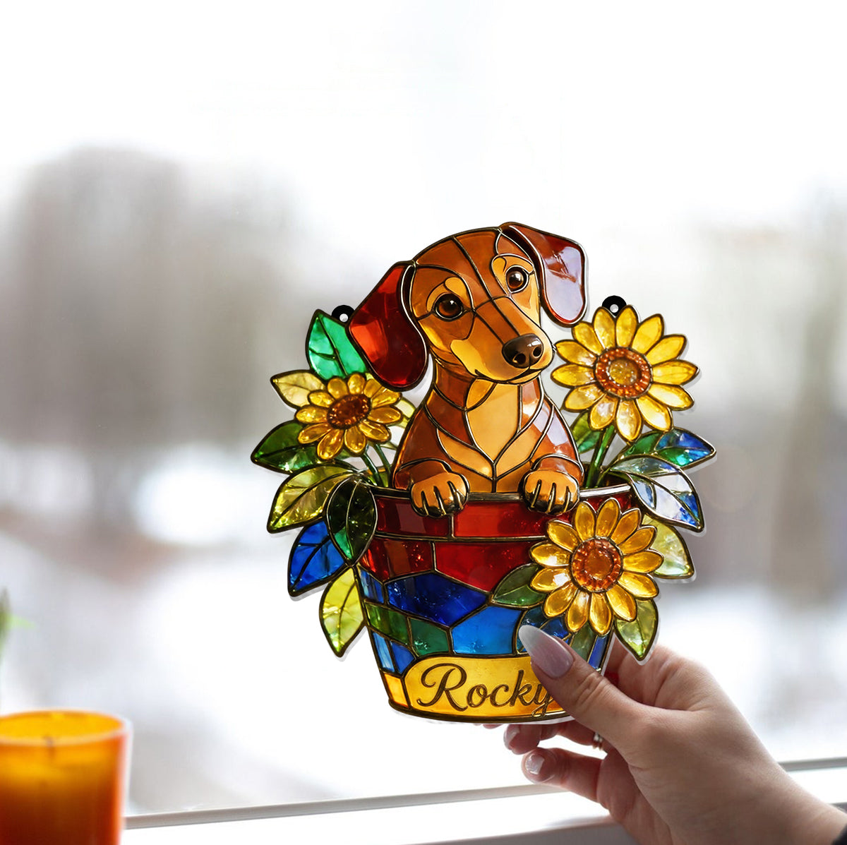 Adorable animal de compagnie et fleurs - Décoration attrape-soleil personnalisée pour fenêtre en forme de chien 