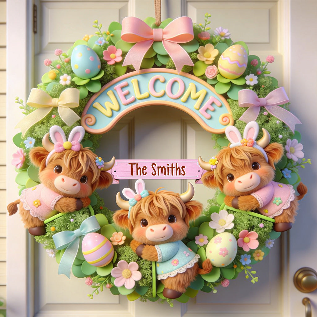 Joyeuses Pâques ! Vache des Highlands mignonne - Panneau en bois personnalisé en forme de vache des Highlands