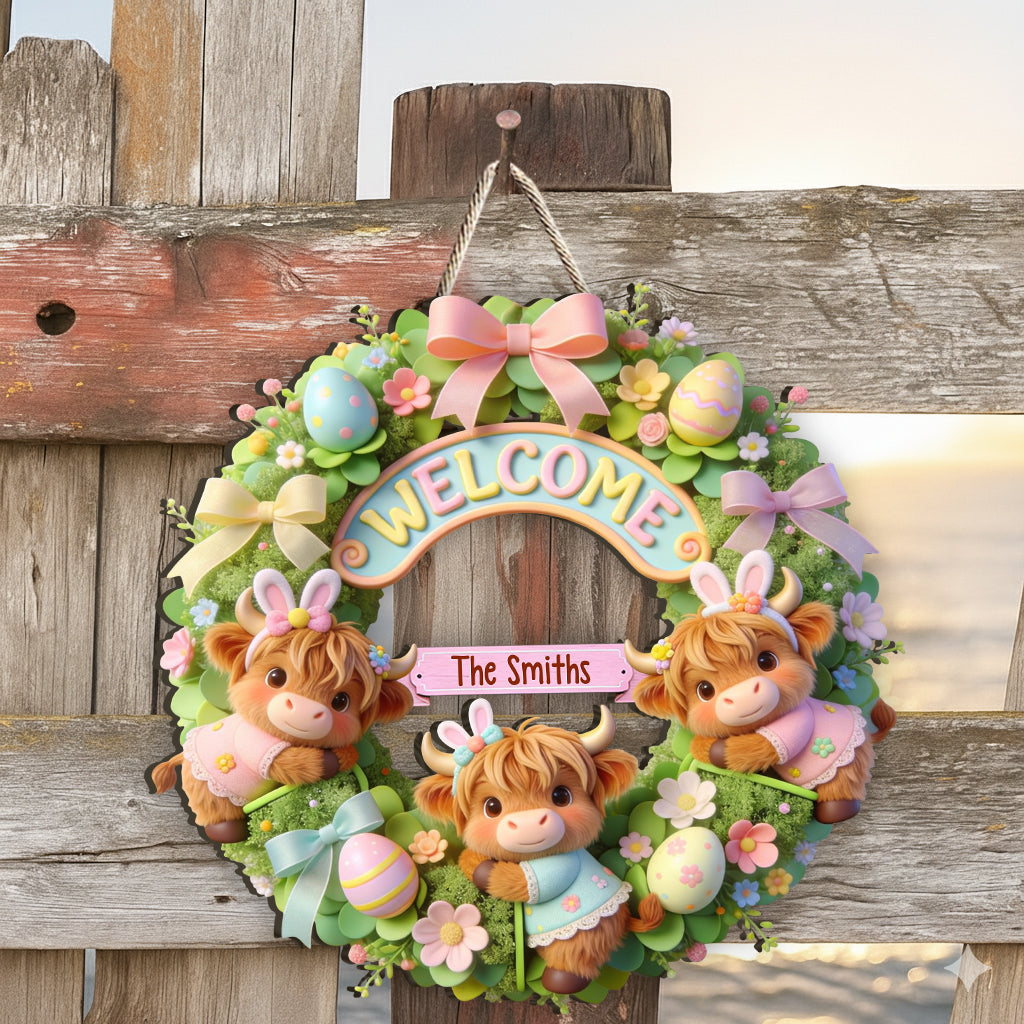 Joyeuses Pâques ! Vache des Highlands mignonne - Panneau en bois personnalisé en forme de vache des Highlands