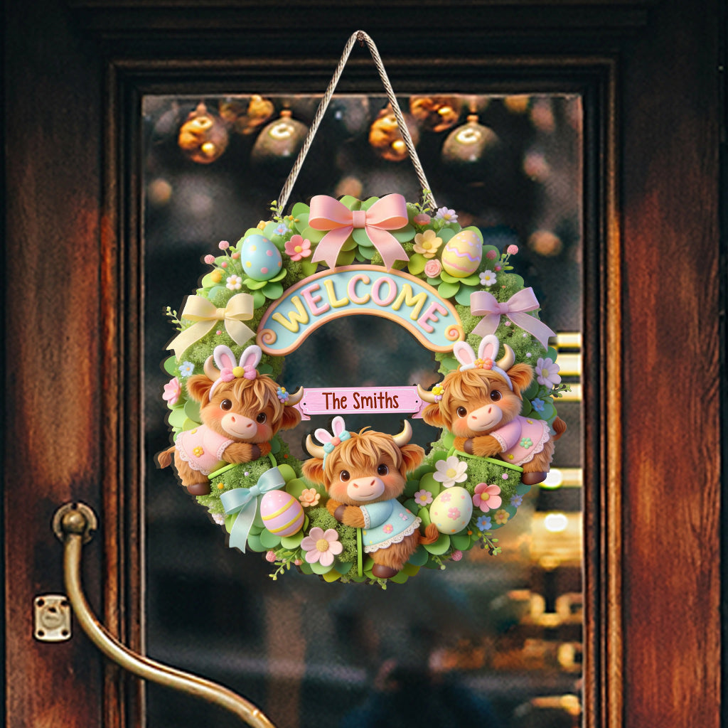 Joyeuses Pâques ! Vache des Highlands mignonne - Panneau en bois personnalisé en forme de vache des Highlands