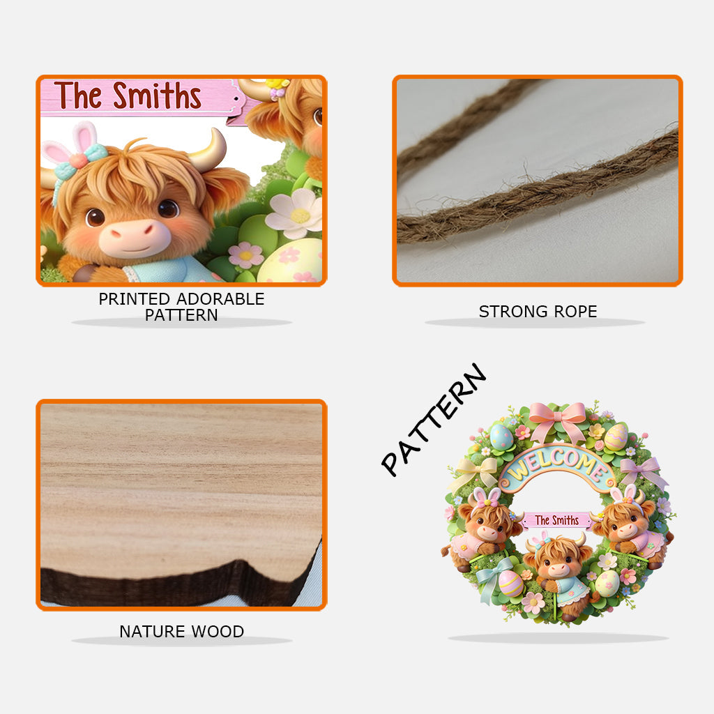 Joyeuses Pâques ! Vache des Highlands mignonne - Panneau en bois personnalisé en forme de vache des Highlands