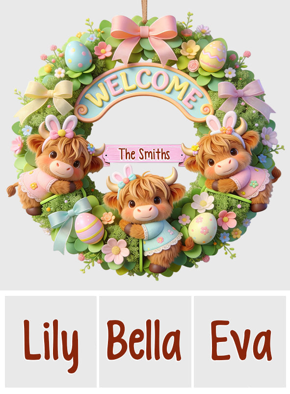 Joyeuses Pâques ! Vache des Highlands mignonne - Panneau en bois personnalisé en forme de vache des Highlands