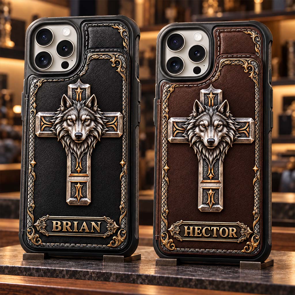 Wolf Guardian Cross - Personalized Wolf Fully Printed Wallet Phone Case