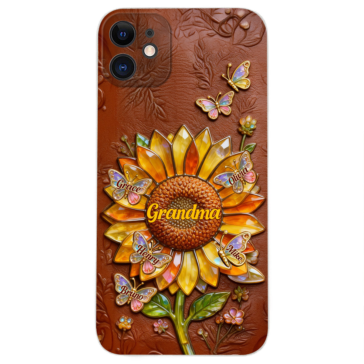 Grandma Sunflower - Personalized Grandma 3D Embossed Leather Phone Case