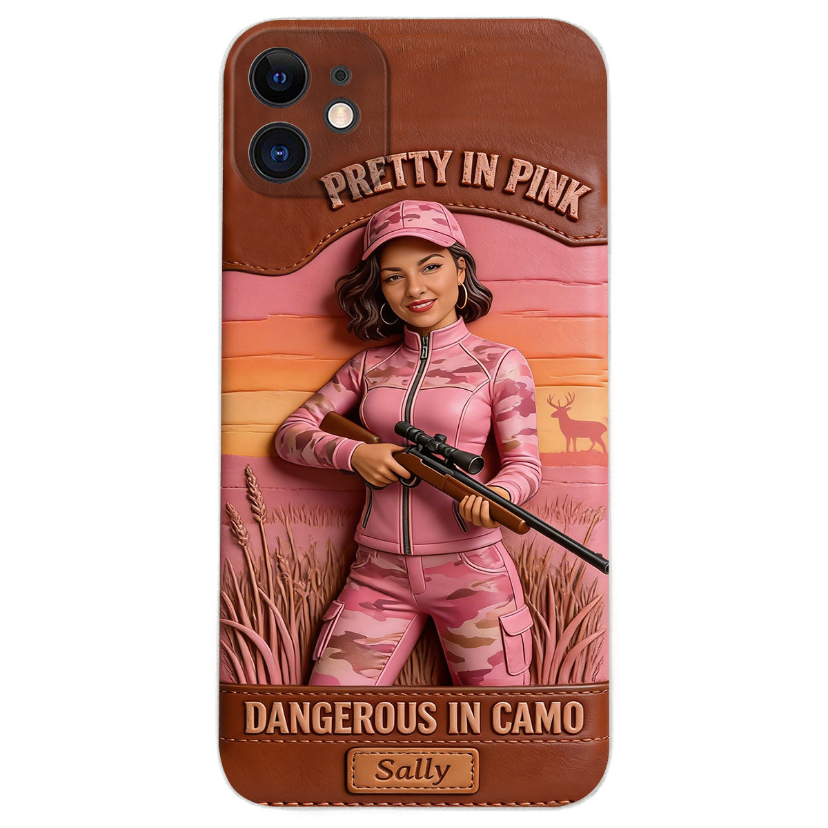 Étui de téléphone en cuir personnalisé avec n'importe quelle photo de chasse dangereuse en camouflage - Étui de téléphone de chasse en cuir personnalisé