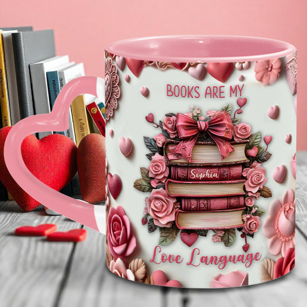Books Are My Love Language - Personalized Book Heart Handle Mug