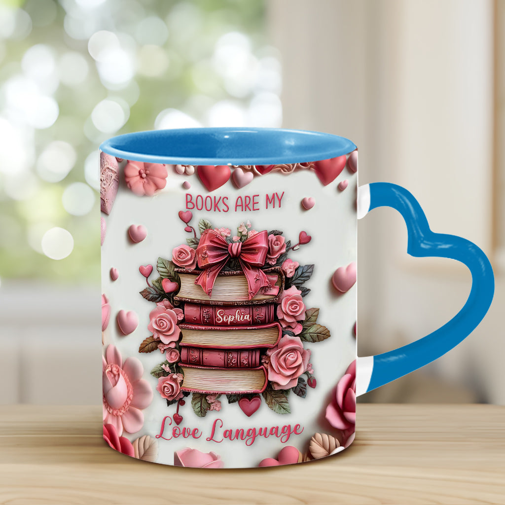 Books Are My Love Language - Personalized Book Heart Handle Mug