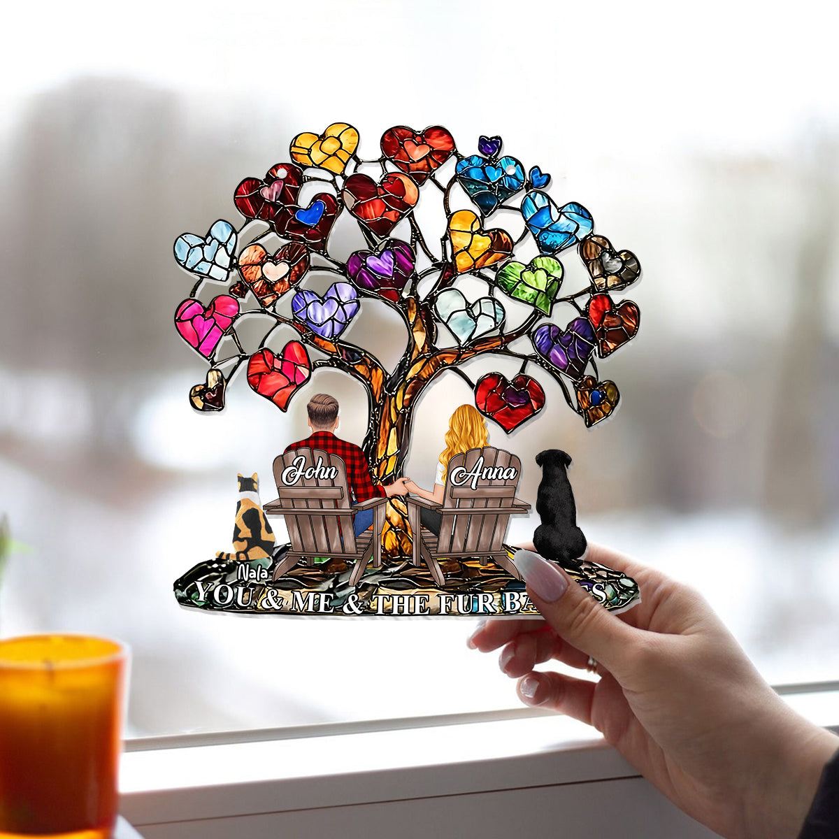 You And Me And The Fur Babies - Personalized Couple Window Hanging Suncatcher Ornament